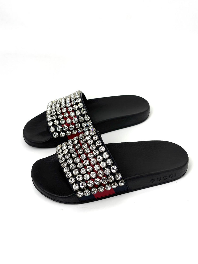 Unused. Gucci Slides W/Crystal Black. 35|7591