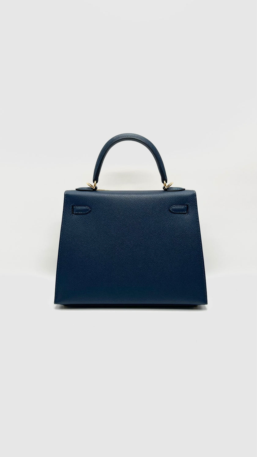 Preowned. Hermes Kelly 25 Blue De Prusse Epsom Sellier GHW. WHA469KY|16008
