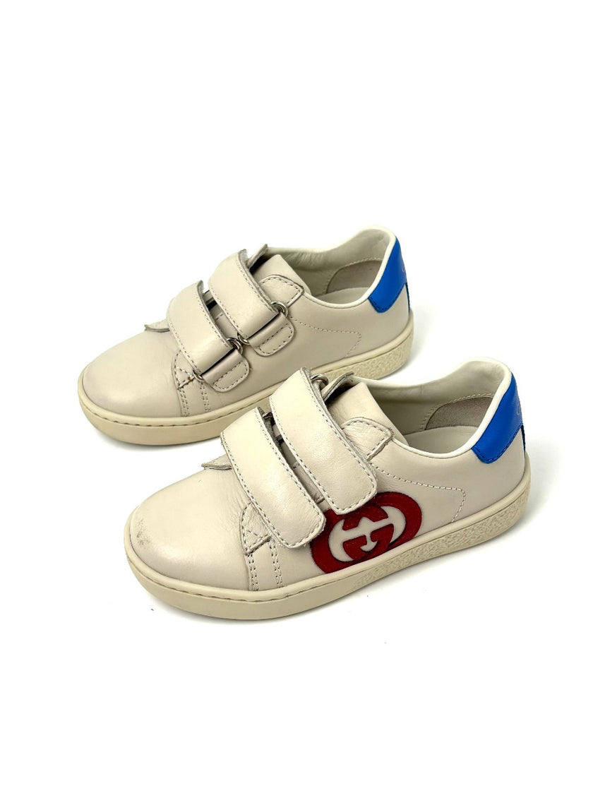Preowned. Gucci Interlocking G Ace Kids Sneakers White/Red/Blue. 23|7637