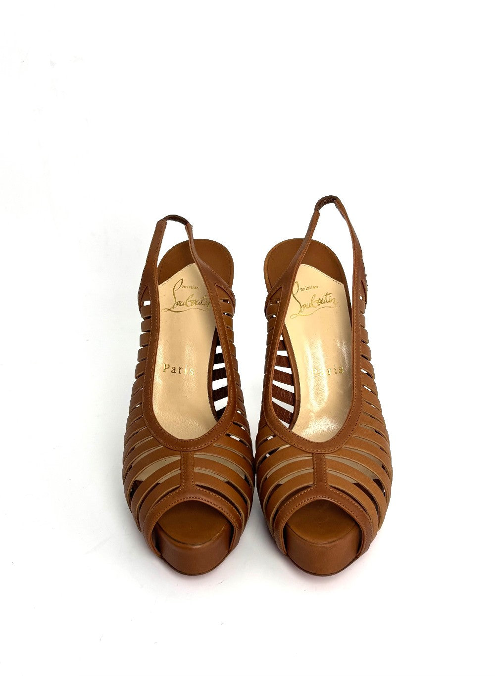 Preowned. Louboutin Strappy Platform Slingback Tan. 36.5|12917