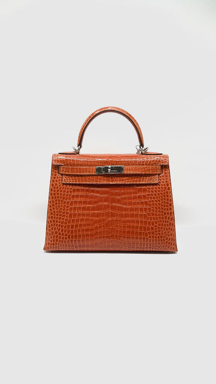 Preowned. Hermes Kelly 28 Croc Orange PHW. H Square Q2509|11522