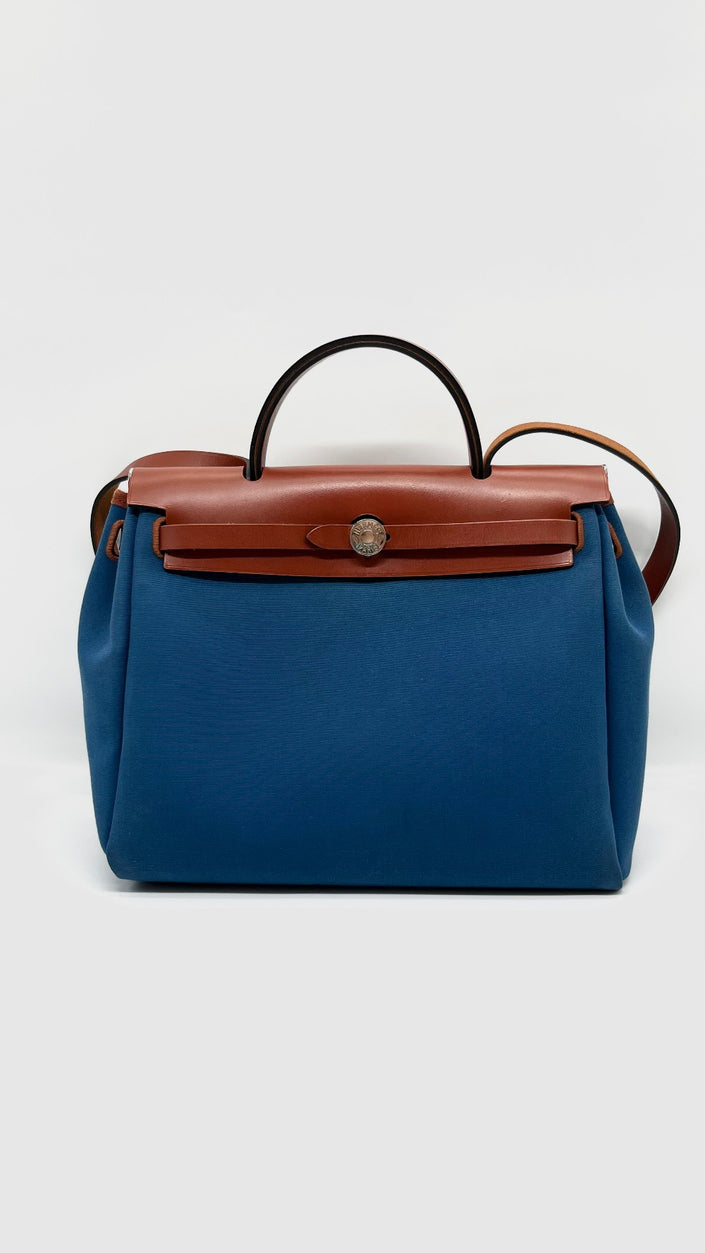 Preowned. Hermes Herbag 31 Canvas Blue France PHW. TS007AU|5354