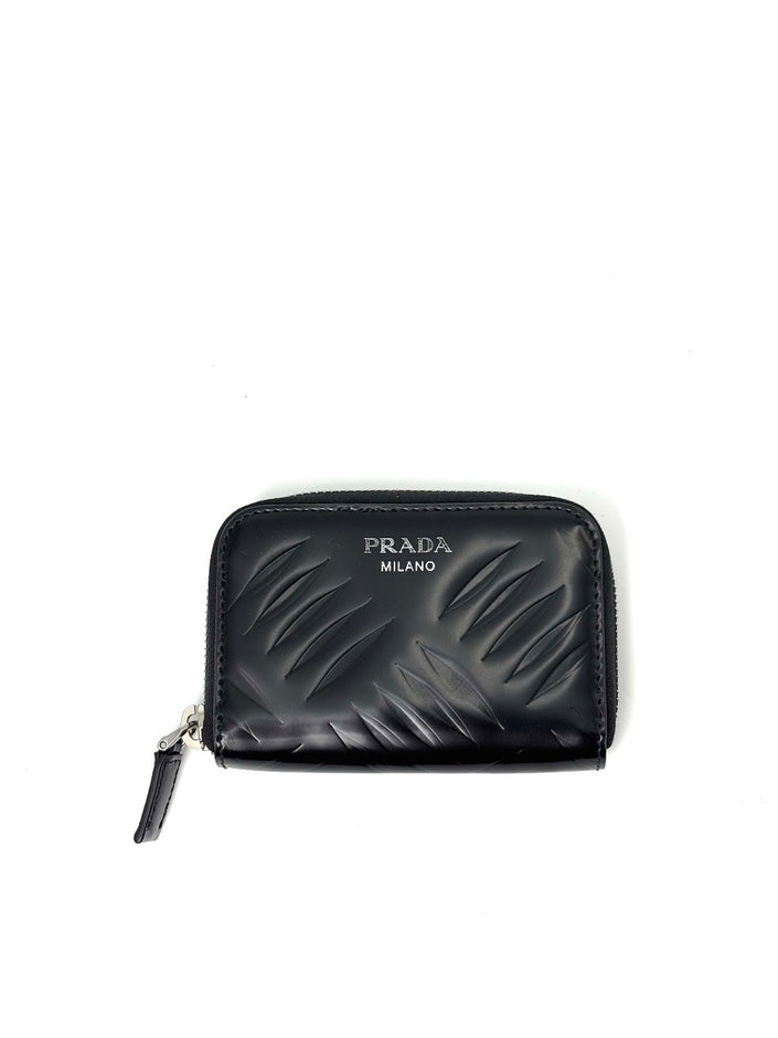 Brand New. Prada Zip Card Holder Black Calfskin|7216