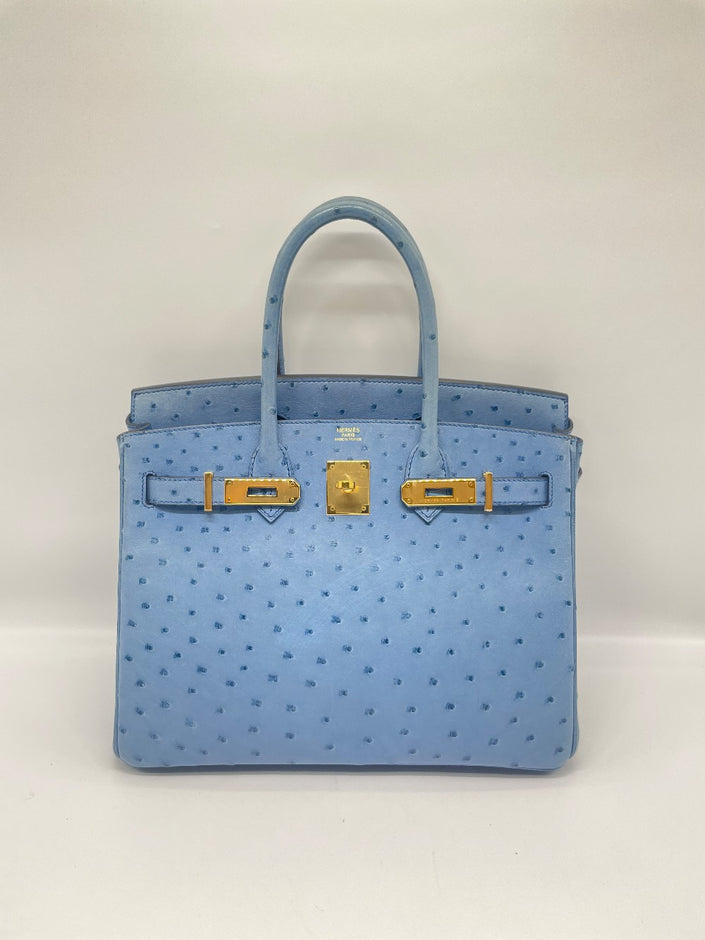 Preowned. Hermes Birkin 30 Blue Mykonos Ostrich GHW. DSA278CA|13190