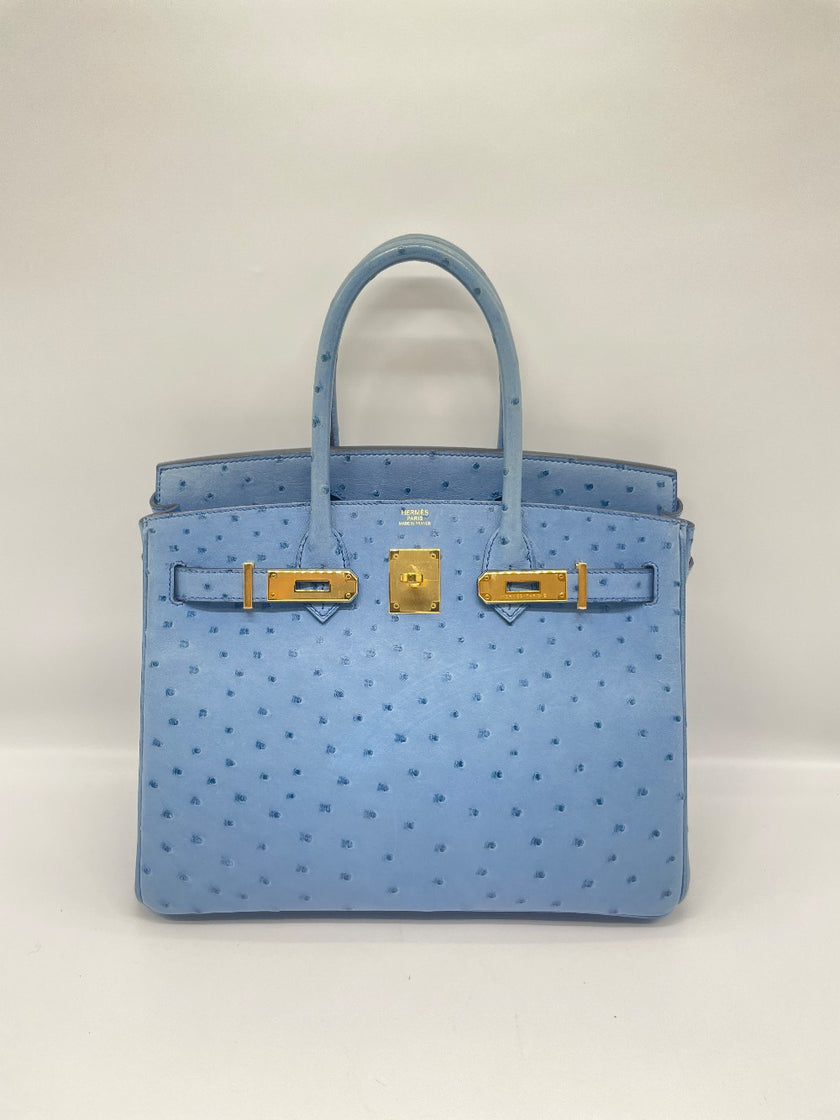 Preowned. Hermes Birkin 30 Blue Mykonos Ostrich GHW. DSA278CA|13190