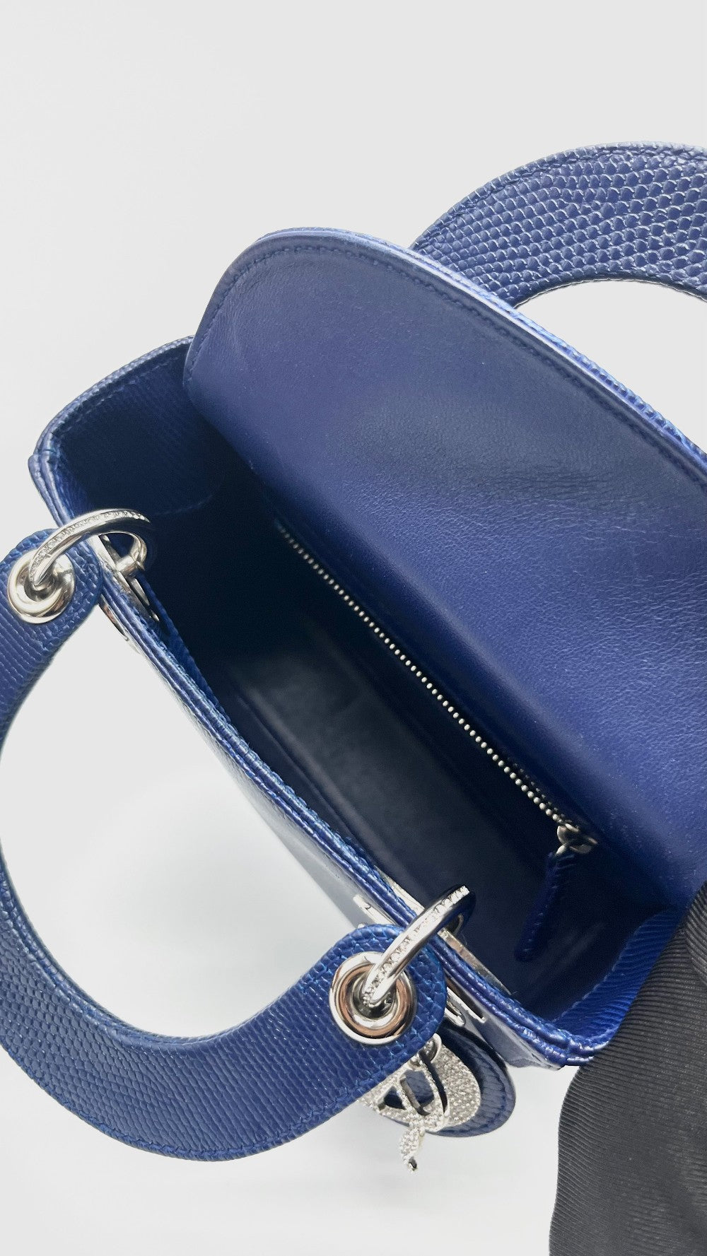 Preowned. Lady dior Mini Lizard Blue With Silver Stone Crystal SHW. 02MA0189|16627