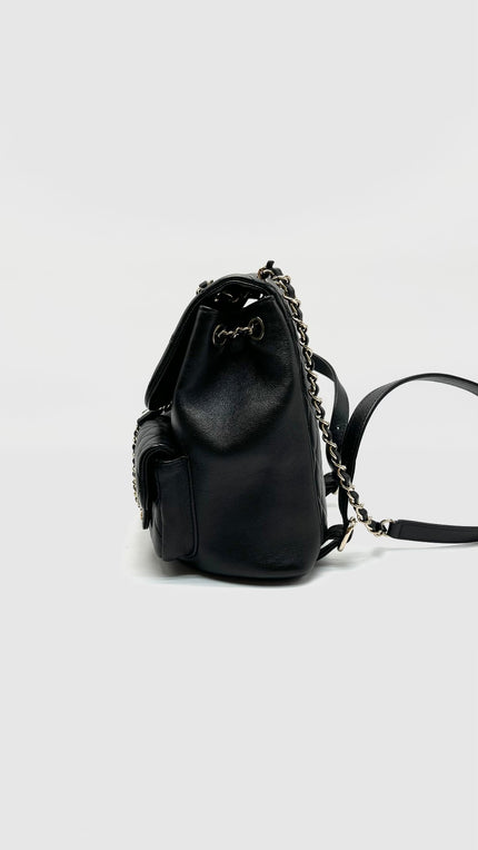 Preowned. Chanel Mini Duma Pockets Drawstring Backpack Black GHW. HL1N3P39|16555