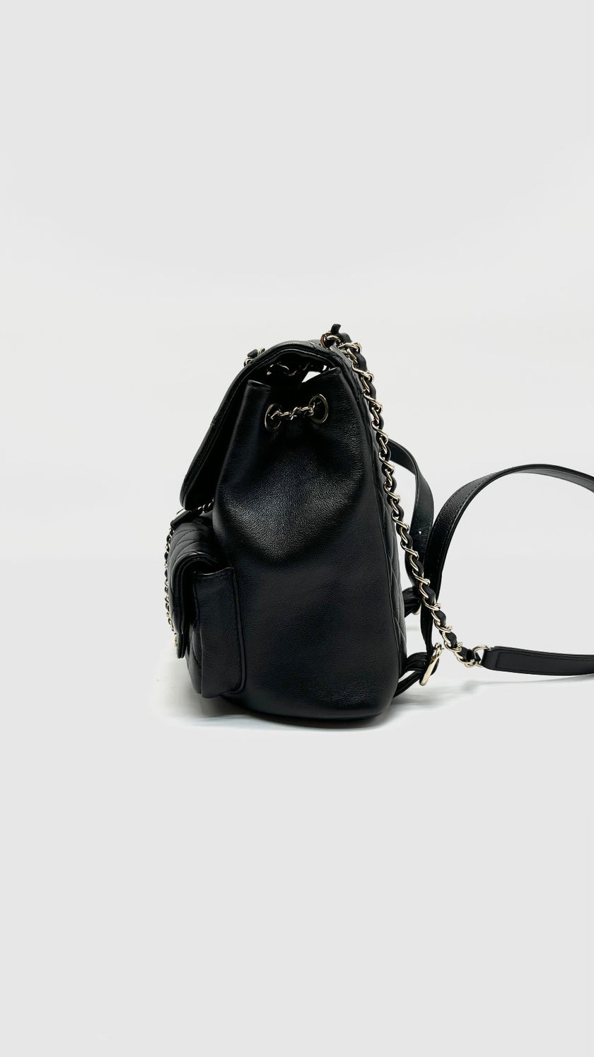 Preowned. Chanel Mini Duma Pockets Drawstring Backpack Black GHW. HL1N3P39|16555
