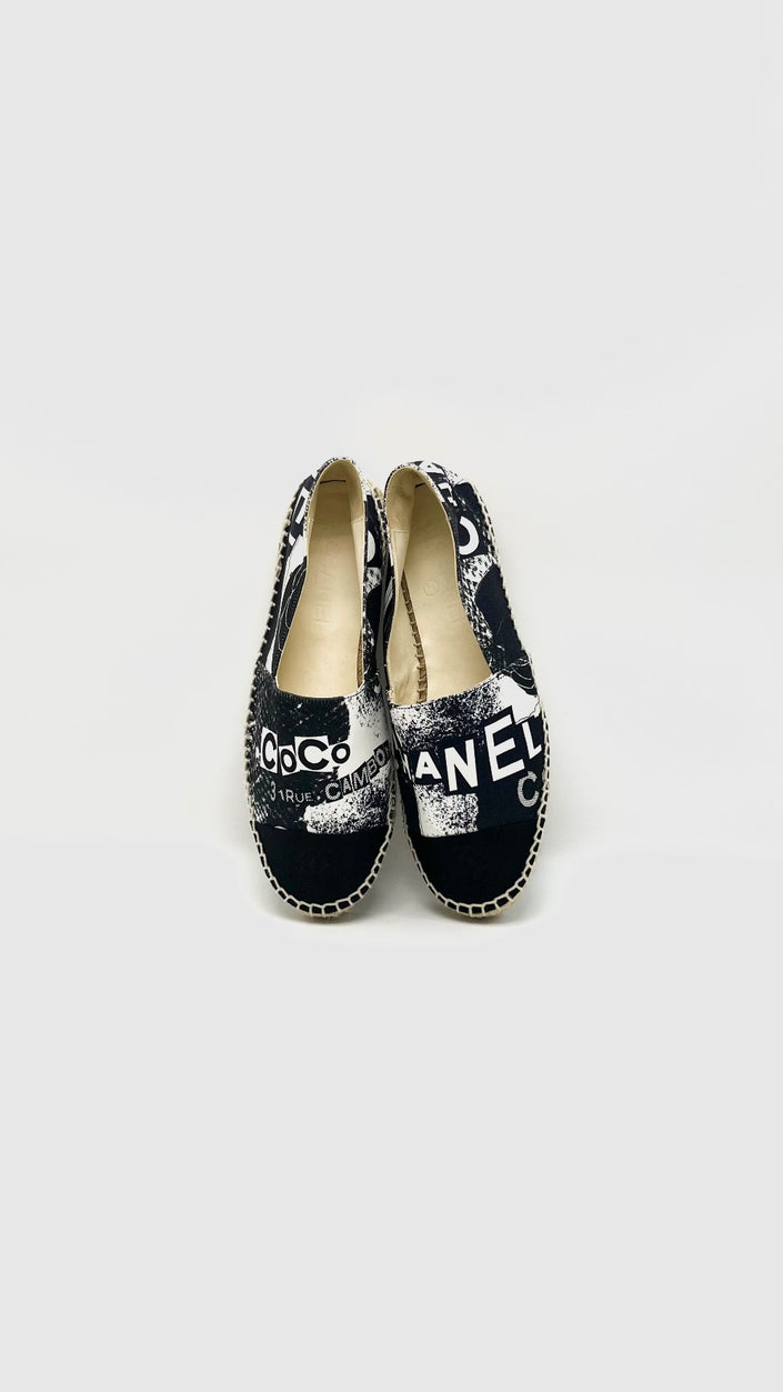 Brand New. Chanel Espadrilles Printed Canvas Grosgrain Black/White. 39|15761