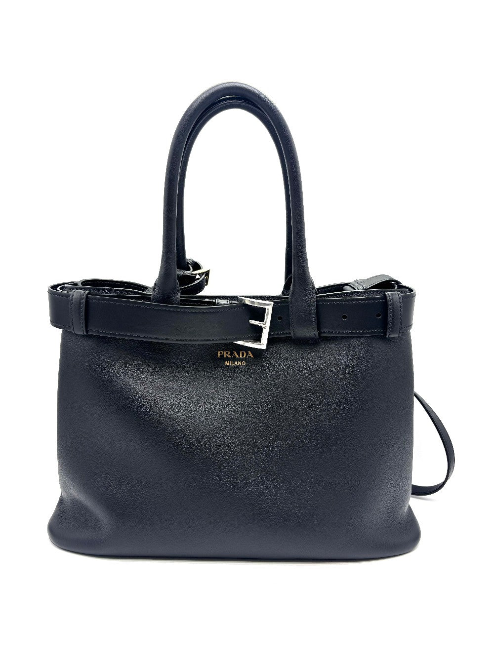 Preowned. Prada Buckle Tote Bag Black Calf SHW/GHW|17428