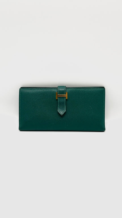 Preowned. Hermes Bearn Long Wallet Malachite GHW. ABY002NZ|9930