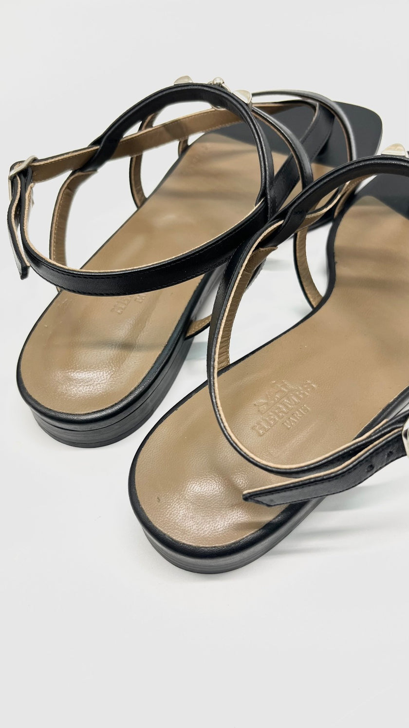 Preowned. Hermes Corried Cyan Strap Sandals Black. 38.5|10403