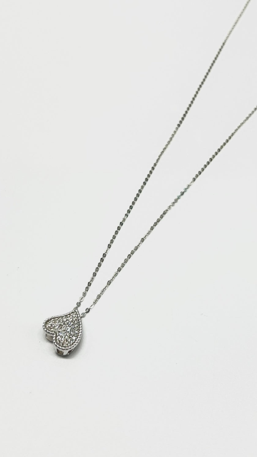 Brand New. HK Setting Small Heart w/ dias Necklace 15-16'' 0.09 CT 14K WG|13507