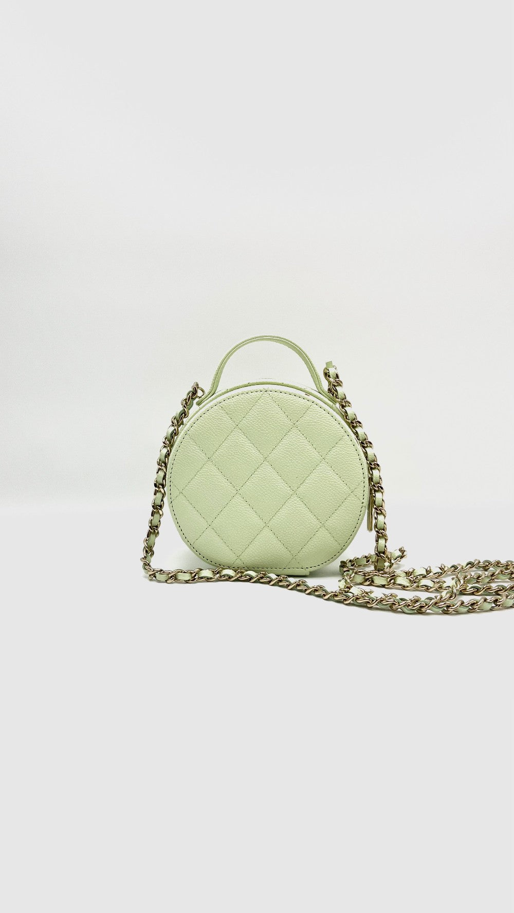 Brand New. Chanel Quilted Round Handle With Care Vanity Chain Light Green Caviar GHW. 31775245|15541