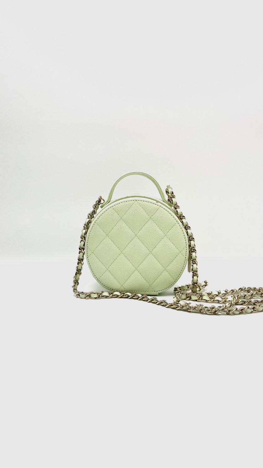 Brand New. Chanel Quilted Round Handle With Care Vanity Chain Light Green Caviar GHW. 31775245|15541