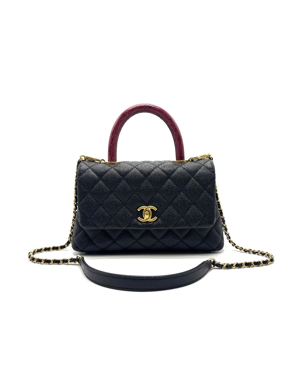 Preowned. Chanel Coco Handle Small Black Caviar Pink Python Handle. 26837080|17103