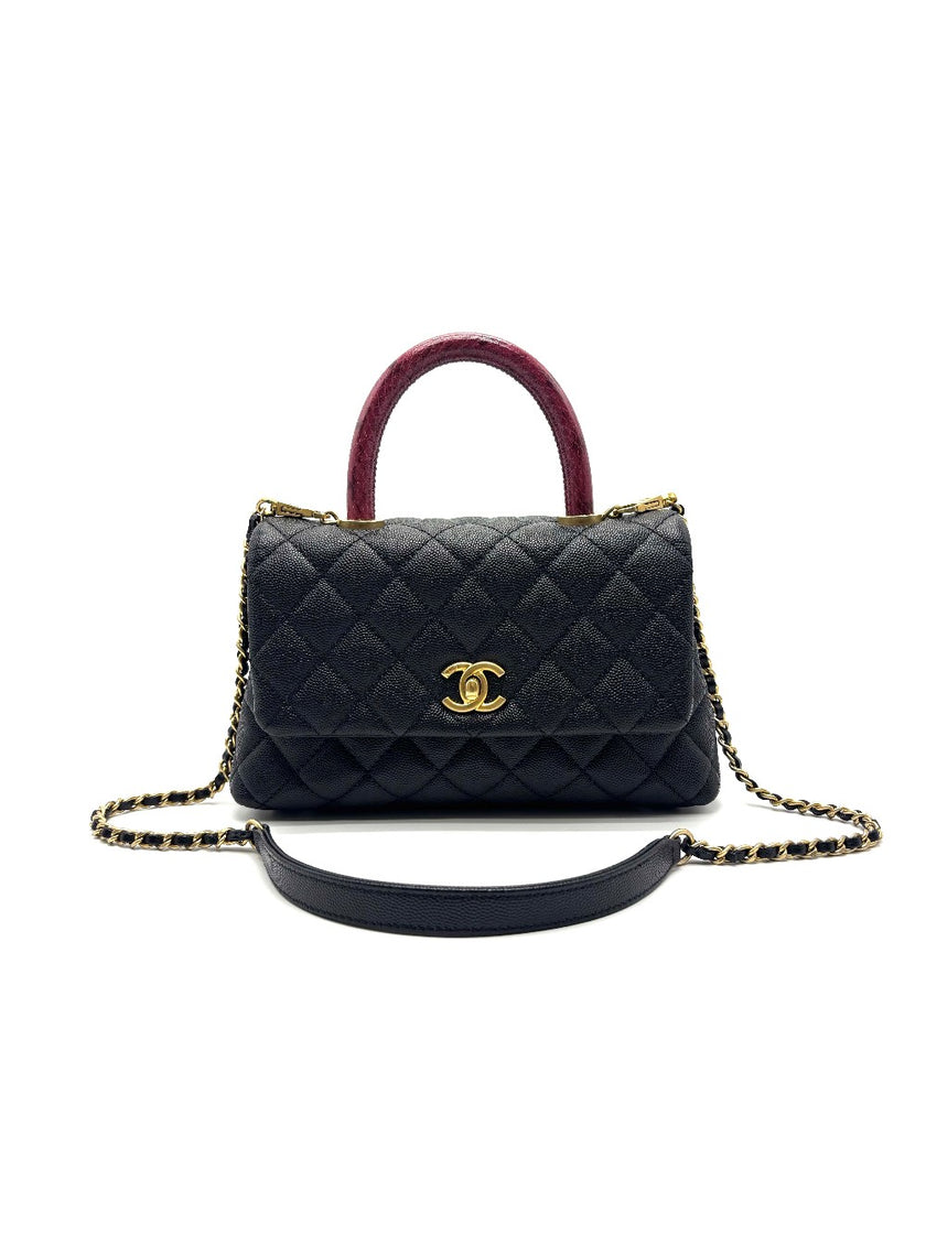 Preowned. Chanel Coco Handle Small Black Caviar Pink Python Handle. 26837080|17103
