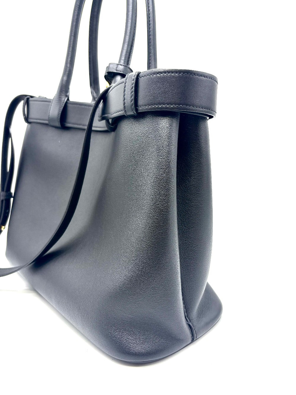 Preowned. Prada Buckle Tote Bag Black Calf SHW/GHW|17429