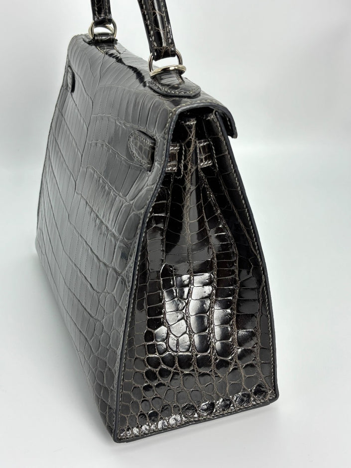 [SALE] Preowned. Hermes Kelly 28 Croc Gris Fonce. J45S|3365