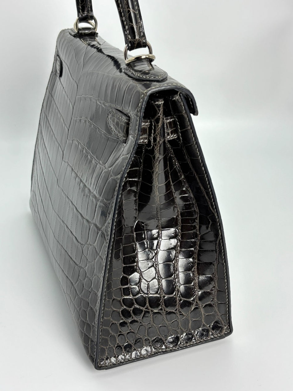 [SALE] Preowned. Hermes Kelly 28 Croc Gris Fonce. J45S|3365