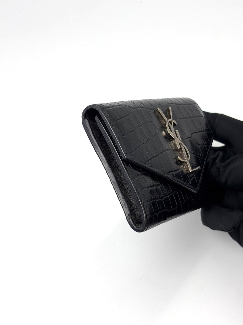 Preowned. YSL Coin/Card Holder Flap Black Croc|7137