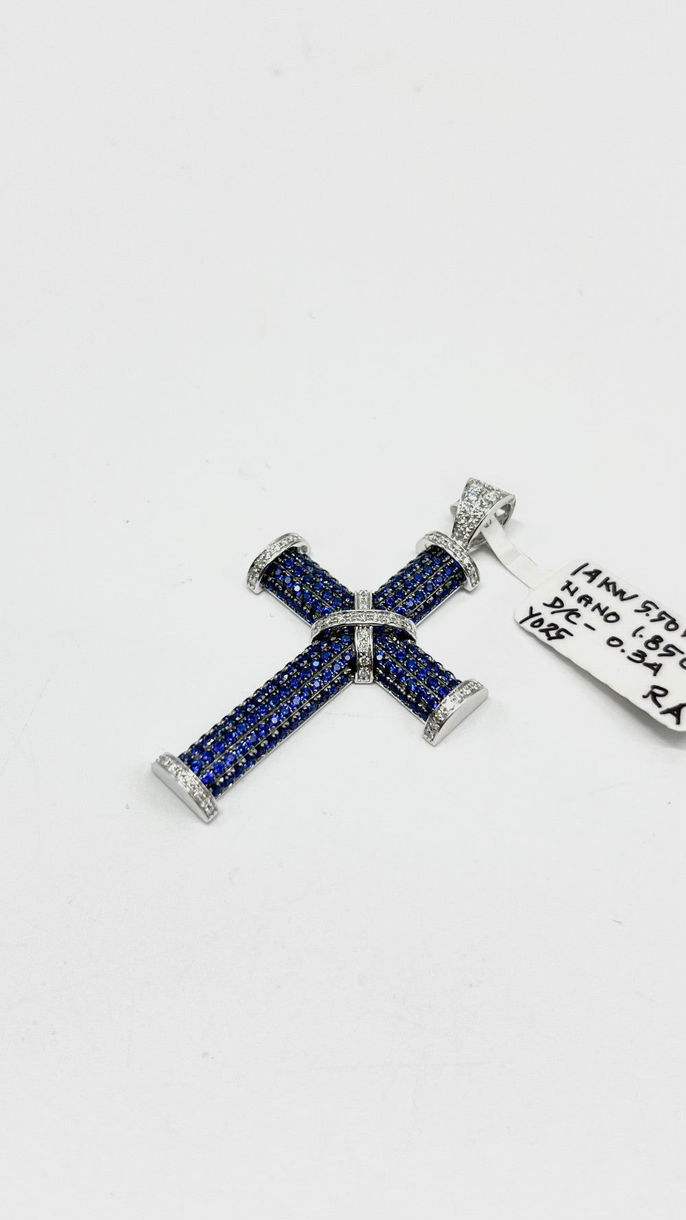 Brand New. HK Setting Cross Pendant Nano Blue 1.85 CT 14K WG|13511
