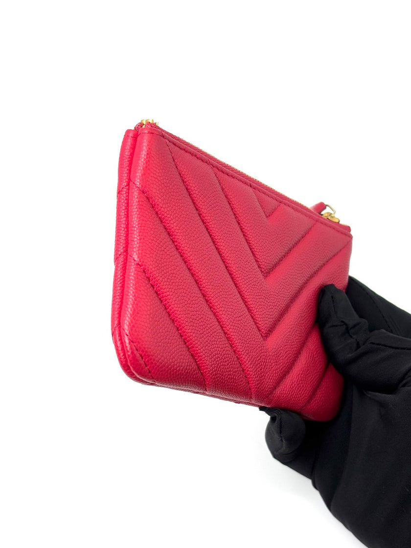 Like New. Chanel Zip Coinpurse Chevron Pink|6669