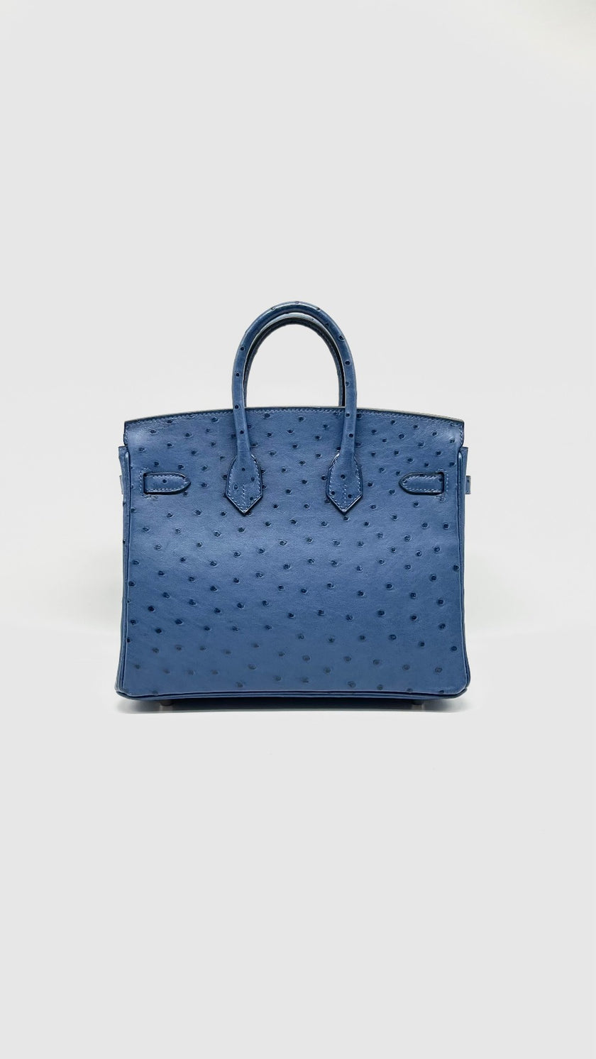 Like New. Hermes Birkin 25 Ostrich Blue Brighton PHW. DSA365XI|12982