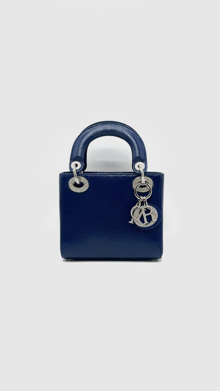 Preowned. Lady dior Mini Lizard Blue With Silver Stone Crystal SHW. 02MA0189|16621