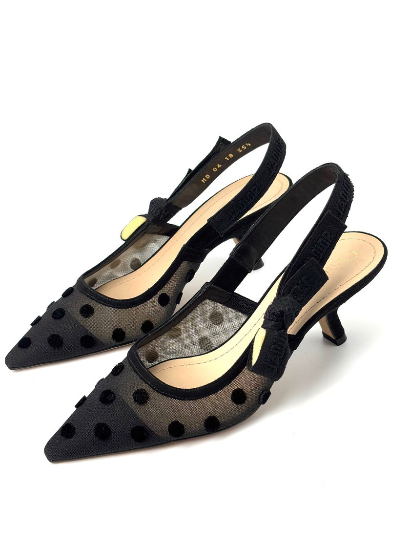 Like New. Dior Slingback Low Heel Polka Black. 35.5|7447