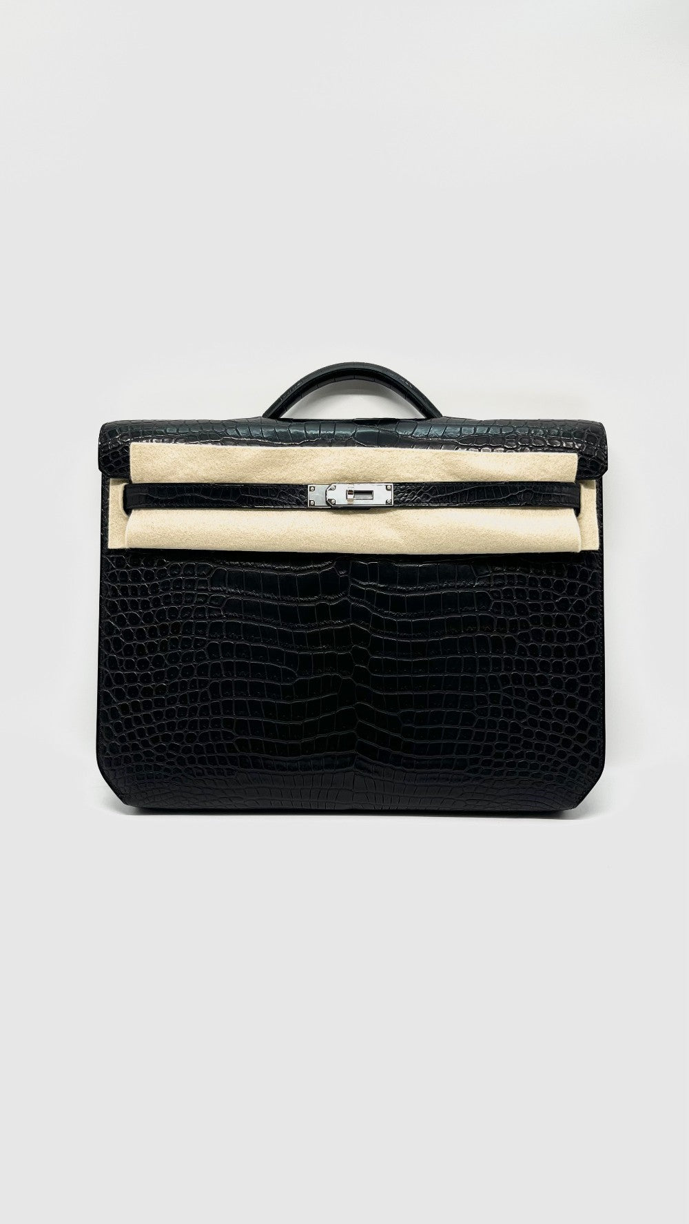 Like New. Hermes Kelly Depeches Briefcase Black Croc PHW. UPI563AP|10196