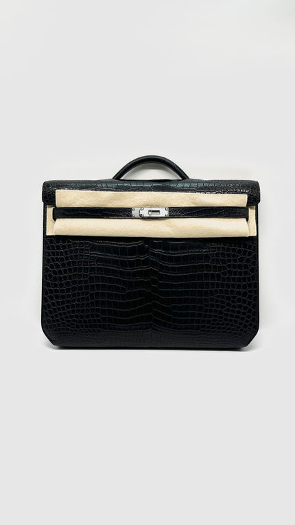 Like New. Hermes Kelly Depeches Briefcase Black Croc PHW. UPI563AP|10196