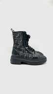 Preowned. Fendi Fabric Jacquard Vitello Domino Biker Boots Black Asfalto Size 39|11292