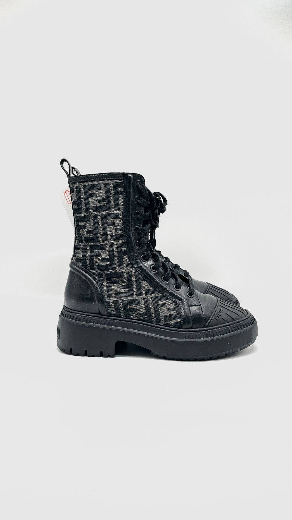 Preowned. Fendi Fabric Jacquard Vitello Domino Biker Boots Black Asfalto Size 39|11292