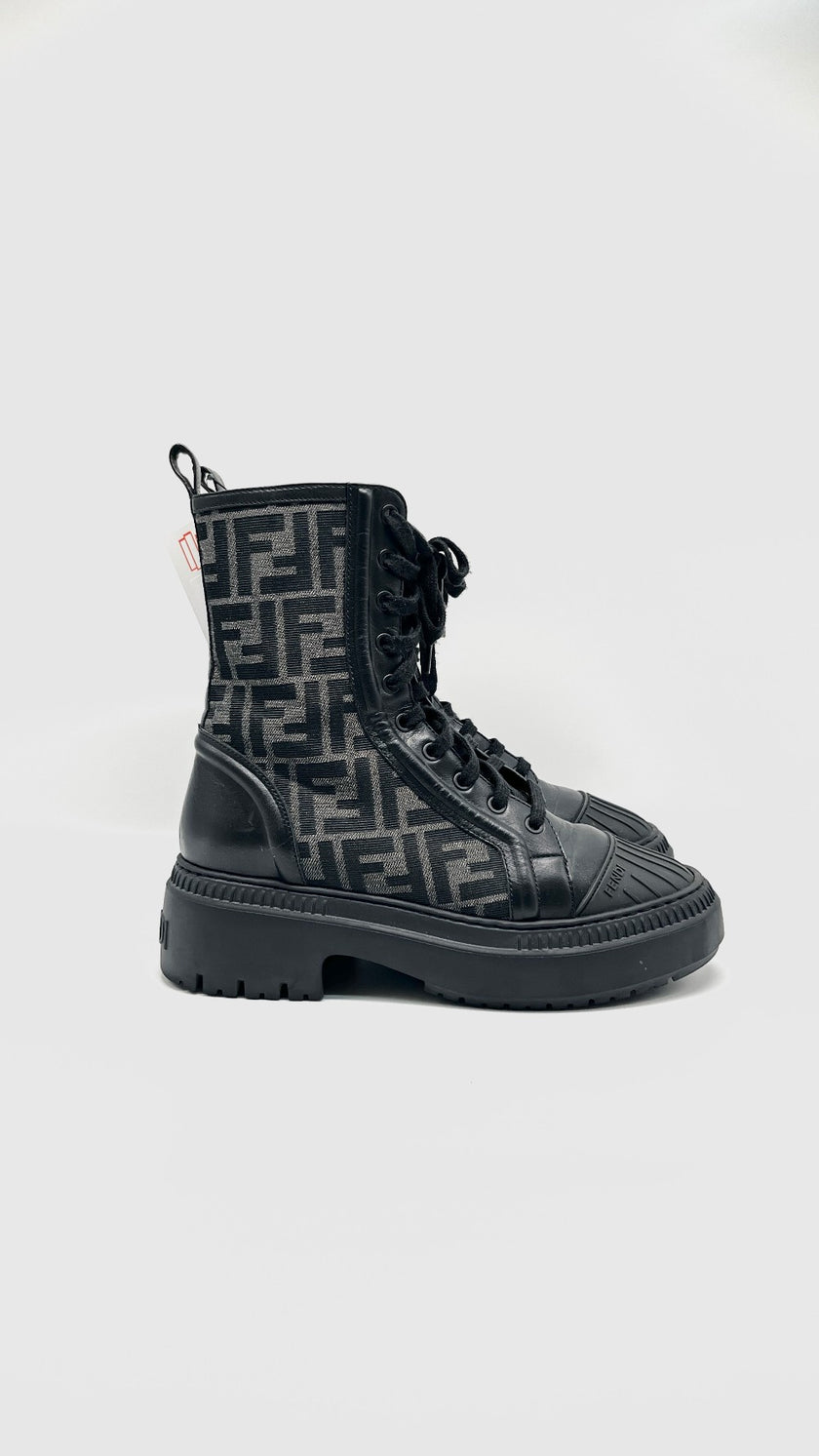 Preowned. Fendi Fabric Jacquard Vitello Domino Biker Boots Black Asfalto Size 39|11292
