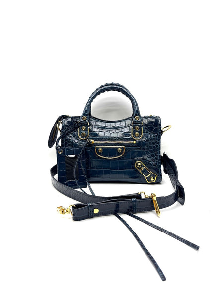 Unused. Balenciaga Metallic City Edge Mini Croc Blue GHW|17455