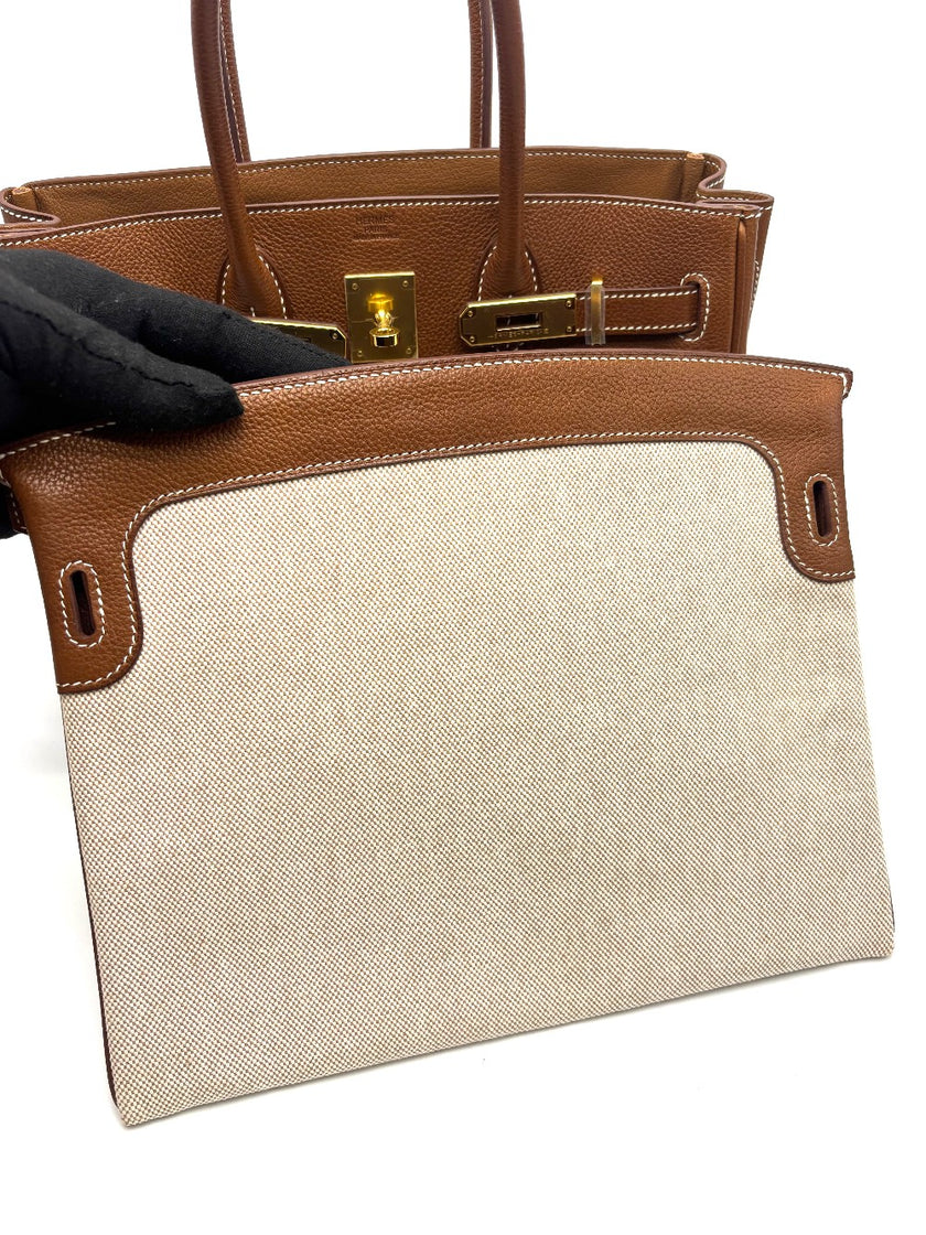 Like New. Hermes 3 in 1 Birkin 30 Fauve Barenia Faubourg and Toile GHW. UAS791NF|17454