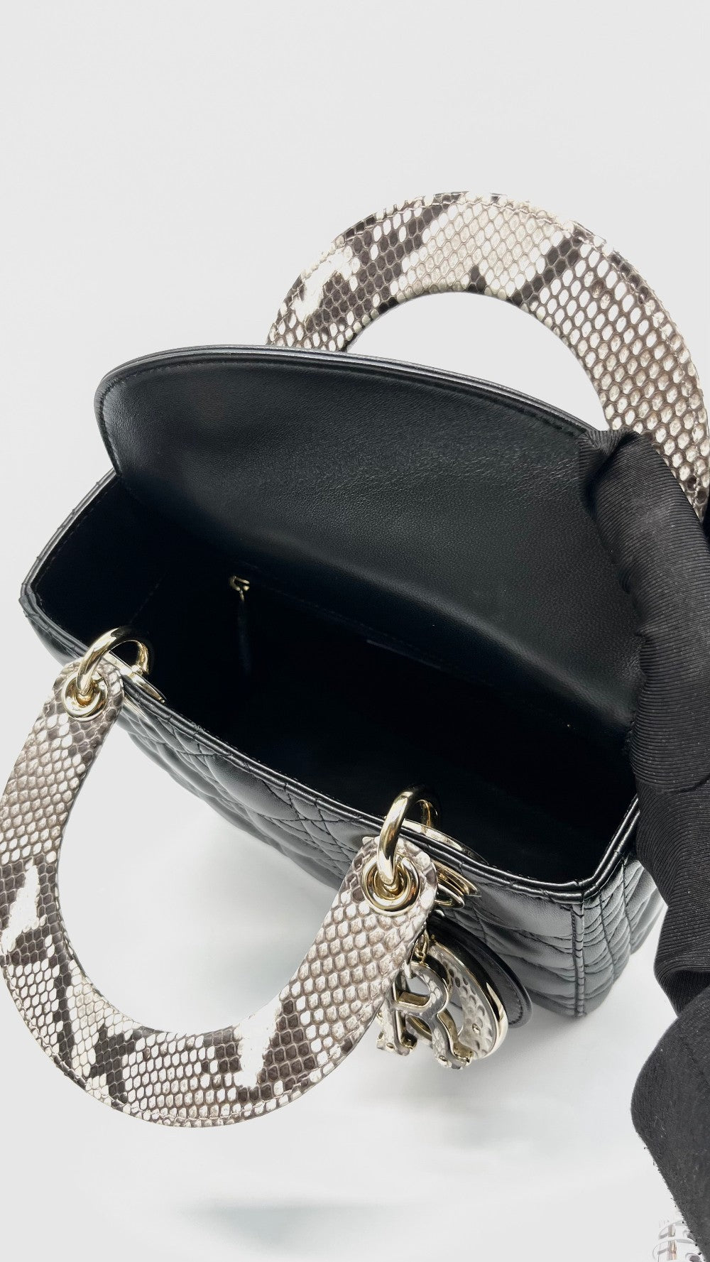 Like New. Lady Dior Small Black Lambskin with Snakeskin Top Handle GHW. 02MA0254|14681