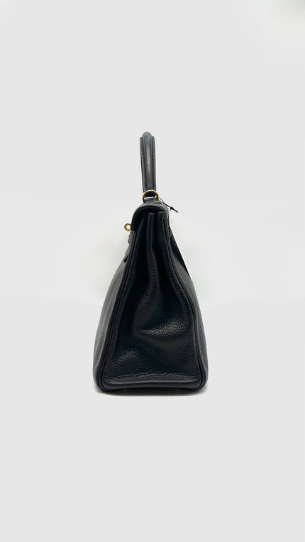 Preowned. Hermes Kelly 32 Black Clemence GHW. Square QMI48|14666