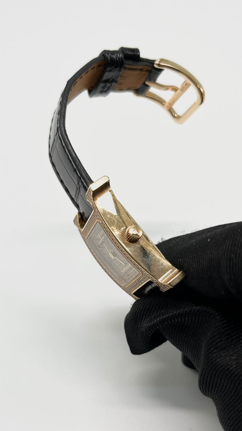 Preowned. Hermes H Watch Rosegold Croc w/ Diamonds|5715