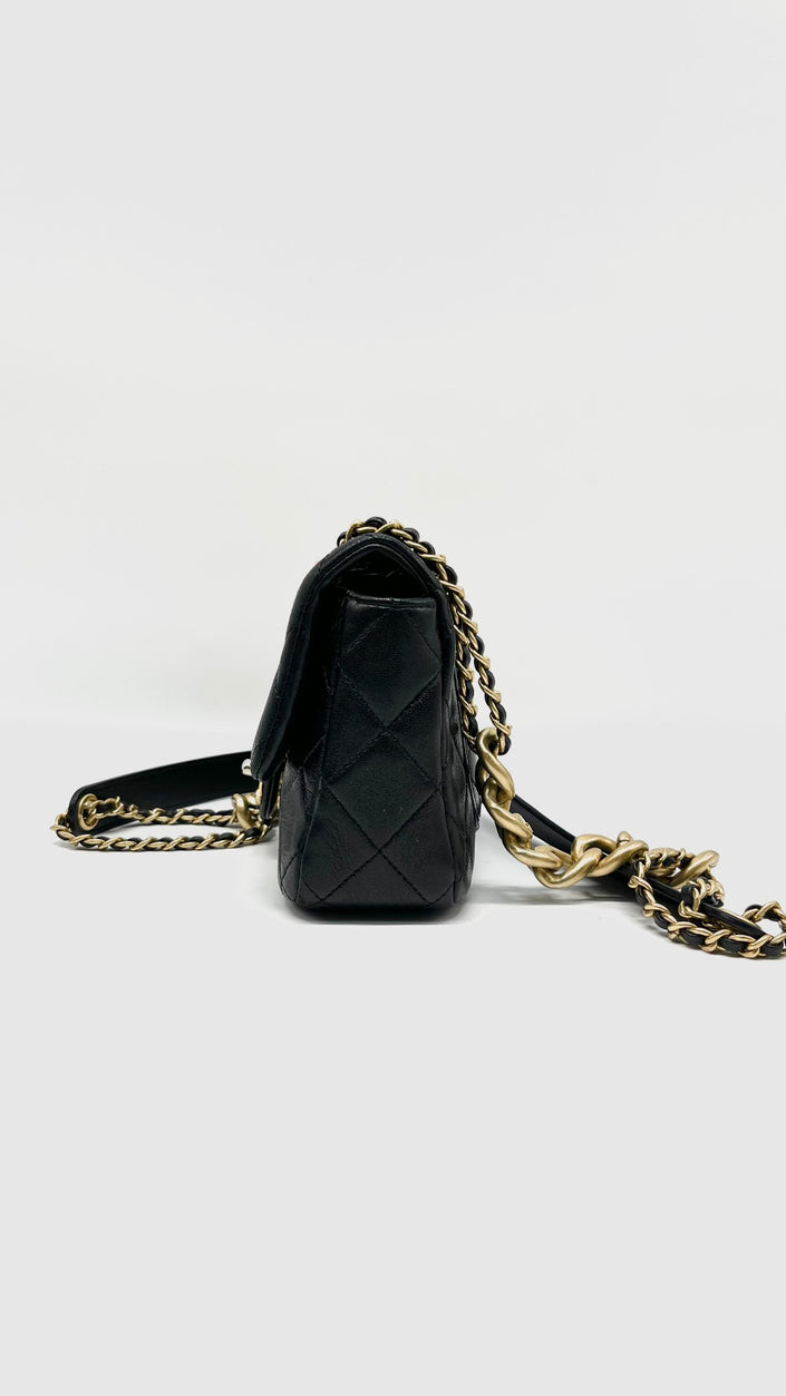 Preowned. Chanel Mini Square Flap Black Calfskin GHW. XJ2X9N68|14169