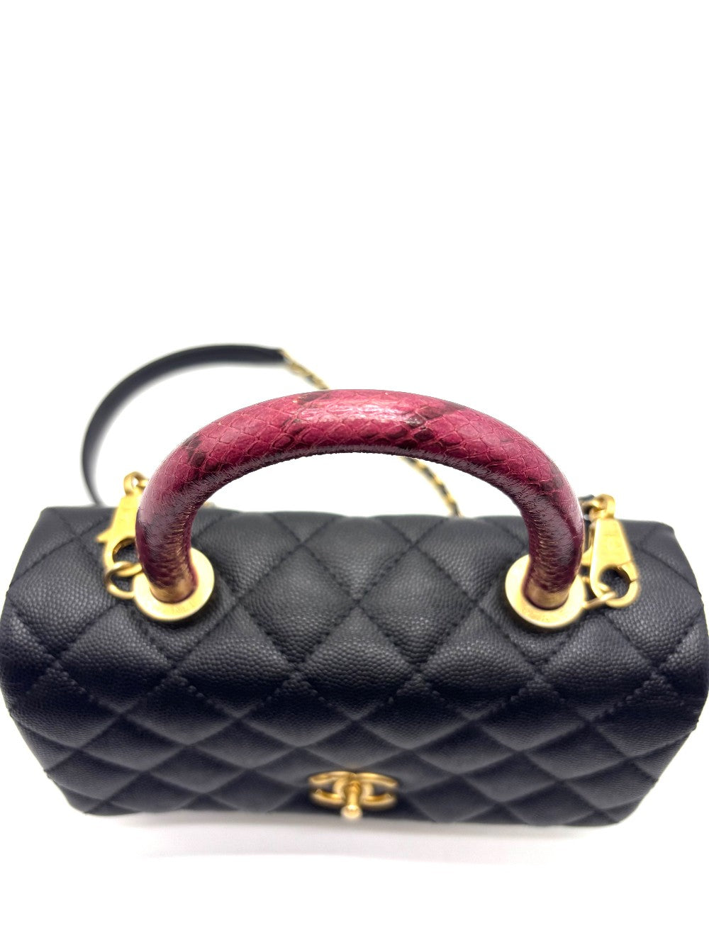 Preowned. Chanel Coco Handle Small Black Caviar Pink Python Handle. 26837080|17109