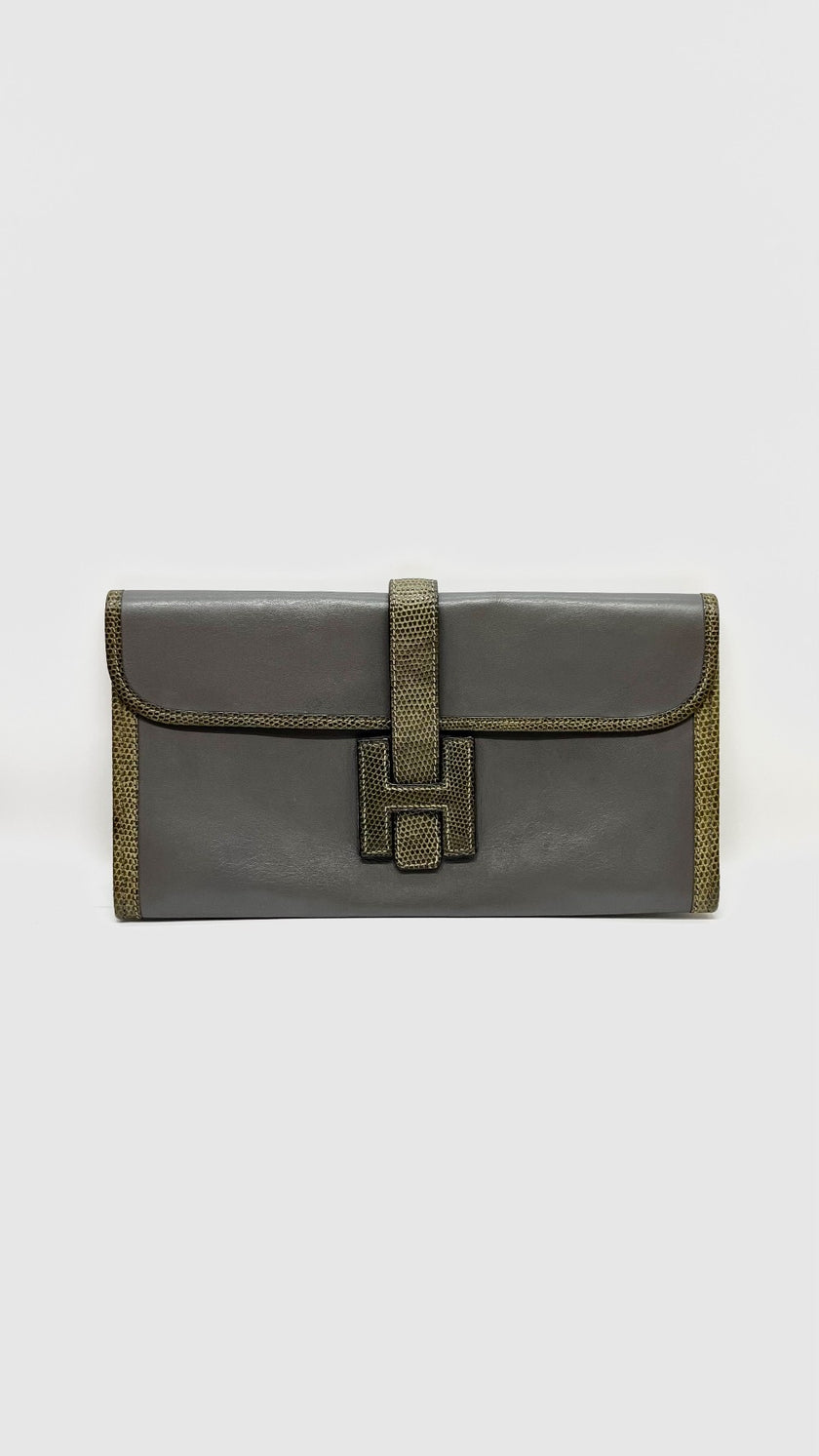 Preowned. Hermes Jige Clutch Etain/Green. FPK18|9718