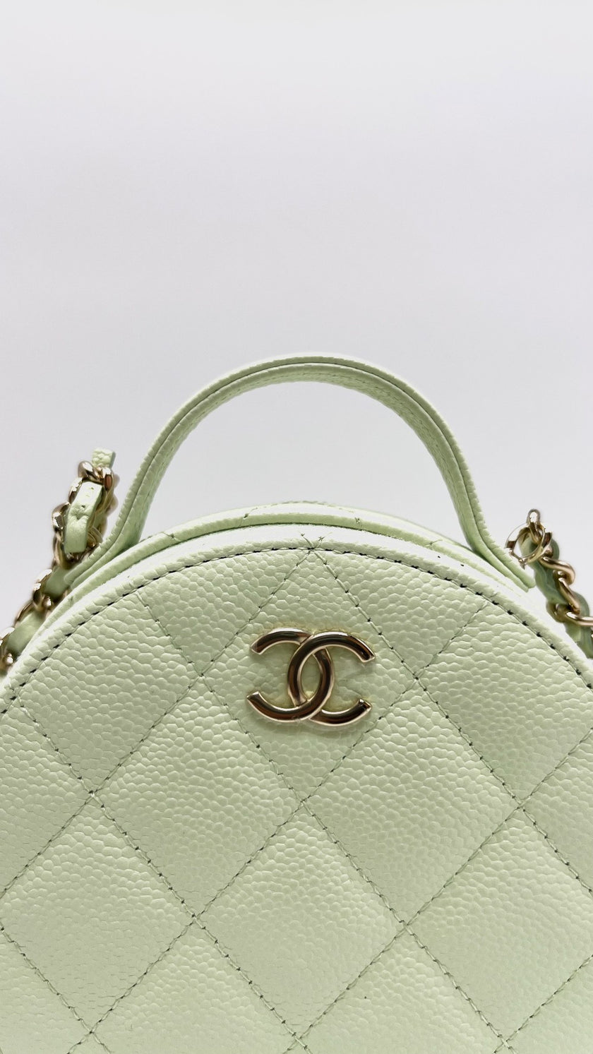 Brand New. Chanel Quilted Round Handle With Care Vanity Chain Light Green Caviar GHW. 31775245|15539