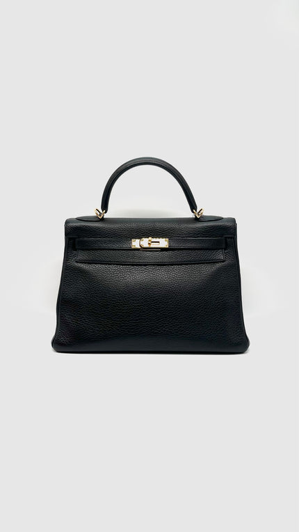 Preowned. Hermes Kelly 32 Black Clemence GHW. Square QMI48|14665