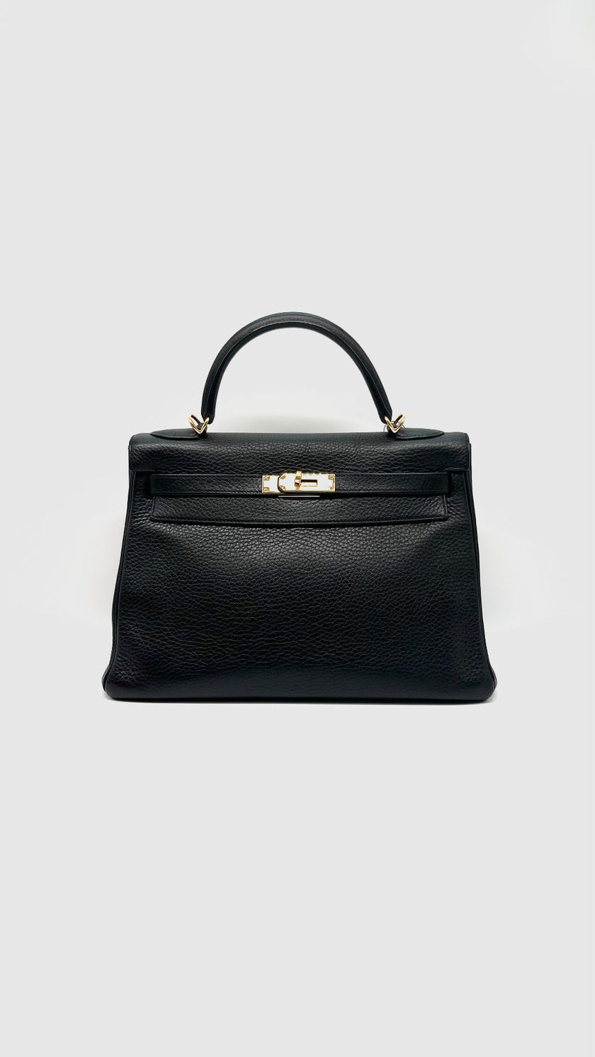Preowned. Hermes Kelly 32 Black Clemence GHW. Square QMI48|14665