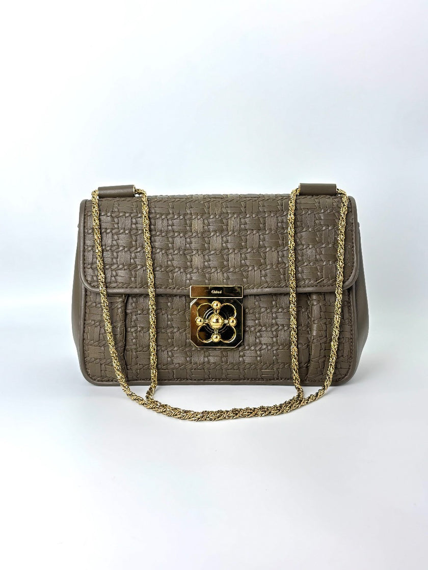 Preowned. Chloe Weaving Elsie Taupe Flap GHW|5988