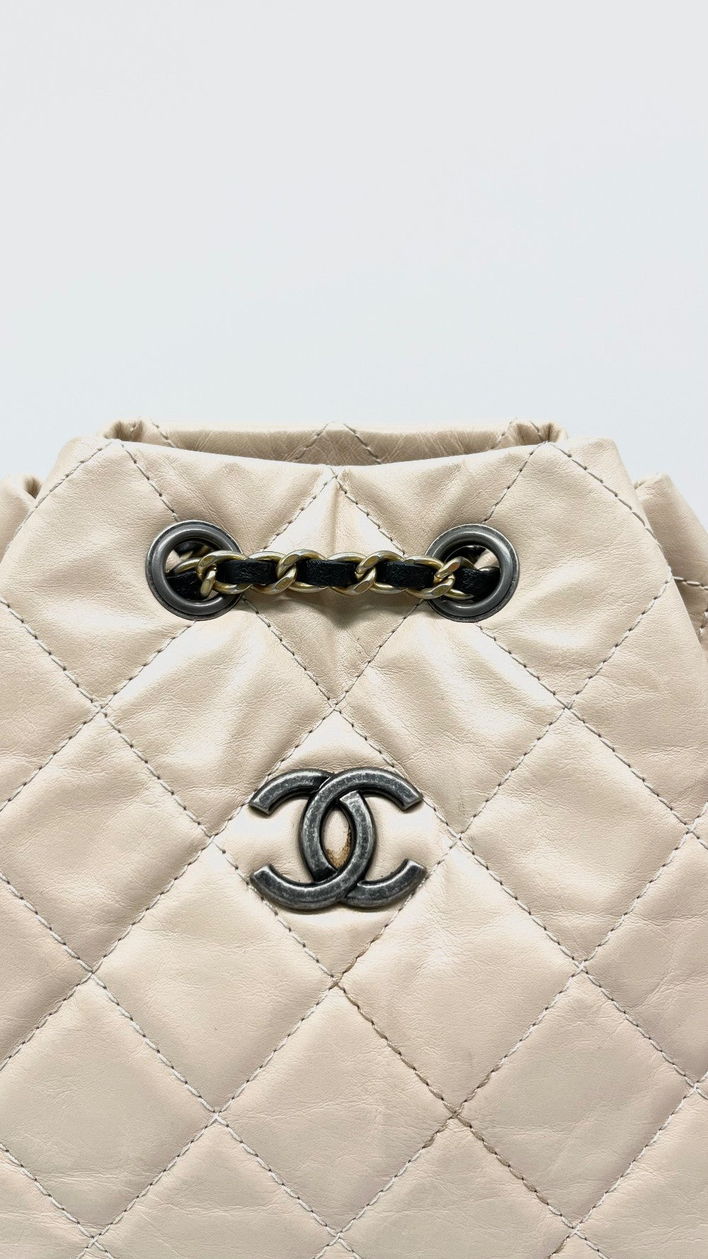 Preowned. Chanel Small Gabrielle Backpack Clafskin Beige/Black Mixed Metal. 25376023|10364