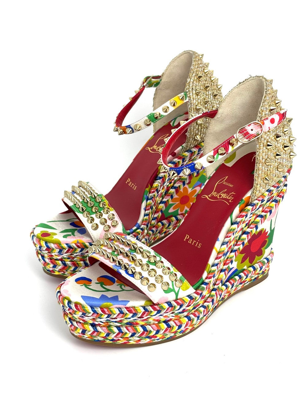 Brand New. Christian Louboutin Madmonica Espadrille Wedge Multicolor Gold Studded. 37|12366