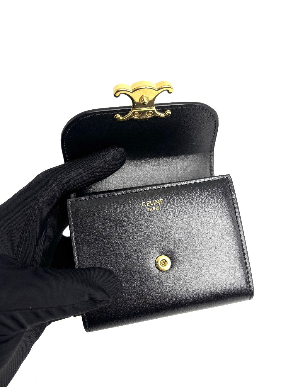 Preowned. Celine Triomphe Flap Black Wallet|12557